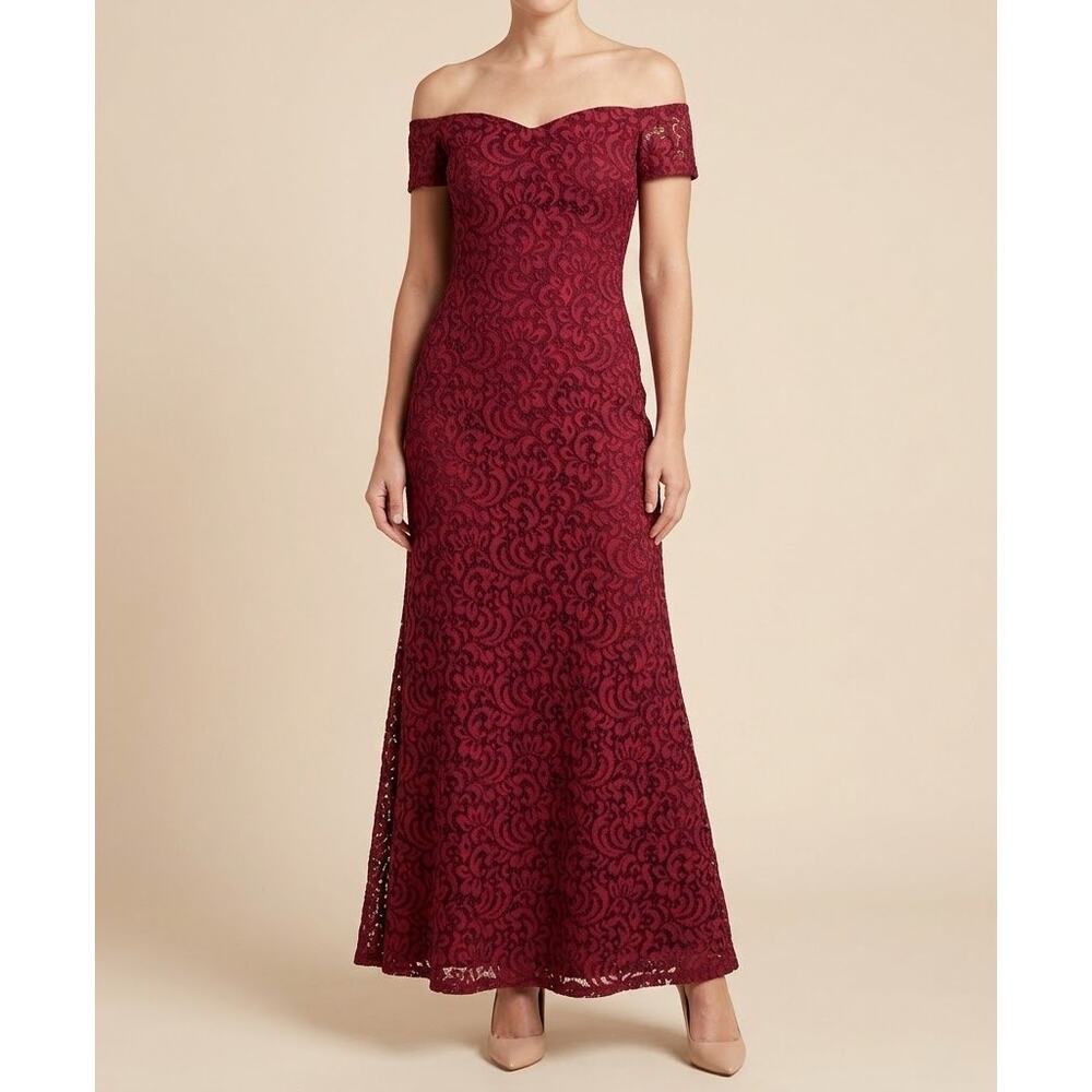 Fame & Partners Floral Lace Dress Off The Shoulder Maxi Evening Gown Red NWT 0